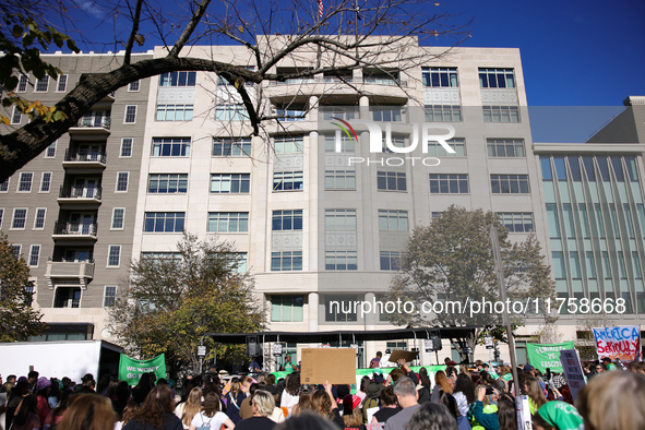 Pro-choice demonstrators protest outside of The Heritage Foundation in Washington, D.C. on November 9, 2024 following the re-election of for...