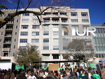 Pro-choice demonstrators protest outside of The Heritage Foundation in Washington, D.C. on November 9, 2024 following the re-election of for...