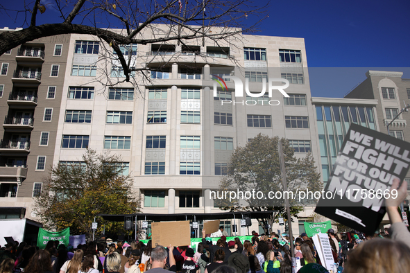 Pro-choice demonstrators protest outside of The Heritage Foundation in Washington, D.C. on November 9, 2024 following the re-election of for...