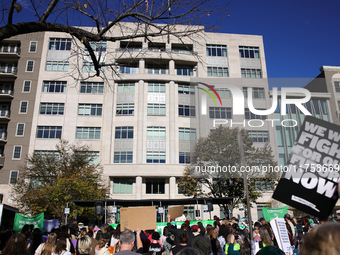 Pro-choice demonstrators protest outside of The Heritage Foundation in Washington, D.C. on November 9, 2024 following the re-election of for...