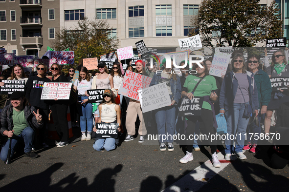 Pro-choice demonstrators protest outside of The Heritage Foundation in Washington, D.C. on November 9, 2024 following the re-election of for...