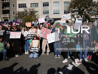 Pro-choice demonstrators protest outside of The Heritage Foundation in Washington, D.C. on November 9, 2024 following the re-election of for...