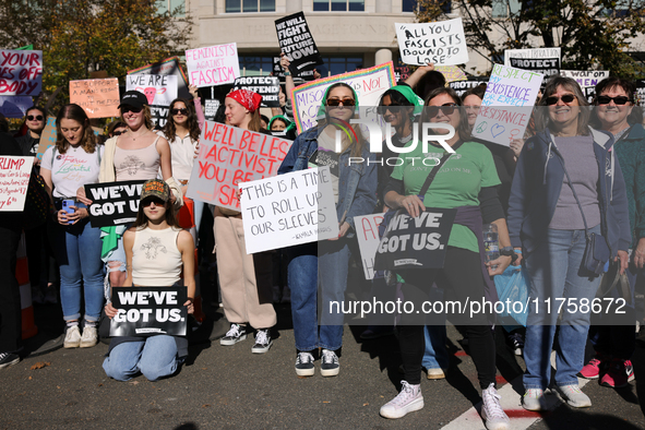 Pro-choice demonstrators protest outside of The Heritage Foundation in Washington, D.C. on November 9, 2024 following the re-election of for...