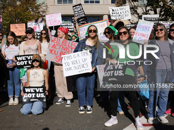 Pro-choice demonstrators protest outside of The Heritage Foundation in Washington, D.C. on November 9, 2024 following the re-election of for...