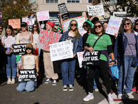 Pro-choice demonstrators protest outside of The Heritage Foundation in Washington, D.C. on November 9, 2024 following the re-election of for...