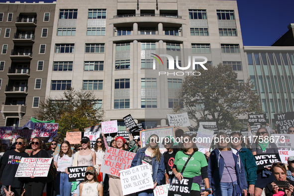 Pro-choice demonstrators protest outside of The Heritage Foundation in Washington, D.C. on November 9, 2024 following the re-election of for...