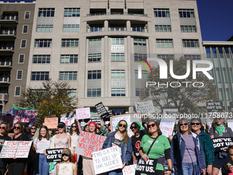 Pro-choice demonstrators protest outside of The Heritage Foundation in Washington, D.C. on November 9, 2024 following the re-election of for...