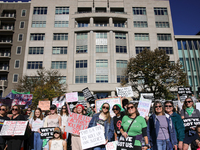 Pro-choice demonstrators protest outside of The Heritage Foundation in Washington, D.C. on November 9, 2024 following the re-election of for...