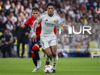 Jude Bellingham of Real Madrid CF is in action with the ball during the La Liga EA Sports 2024/25 football match between Real Madrid CF and...