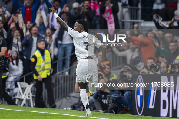 Vinicius Junior of Real Madrid CF celebrates his goal during the La Liga EA Sports 2024/25 football match between Real Madrid CF and CA Osas...