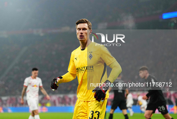 Moritz Nicolas of Borussia Monchengladbach  looks on during the Bundesliga match between RB Leipzig and Borussia Mönchengladbach at Red Bull...