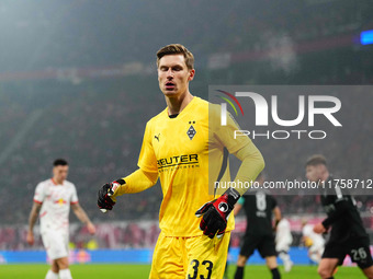 Moritz Nicolas of Borussia Monchengladbach  looks on during the Bundesliga match between RB Leipzig and Borussia Mönchengladbach at Red Bull...