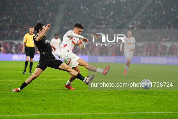 Christoph Baumgartner of Leipzig  shoots on goal during the Bundesliga match between RB Leipzig and Borussia Mönchengladbach at Red Bull are...