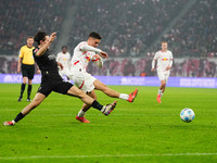 Christoph Baumgartner of Leipzig  shoots on goal during the Bundesliga match between RB Leipzig and Borussia Mönchengladbach at Red Bull are...