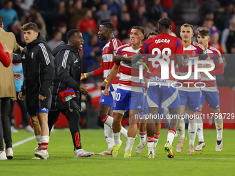 Myrto Uzuni of Granada CF scores the winning goal during the LaLiga Hypermotion match between Granada CF and CD Eldense at Nuevo Los Carmene...