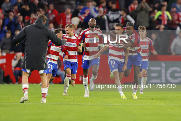 Myrto Uzuni of Granada CF scores the winning goal during the LaLiga Hypermotion match between Granada CF and CD Eldense at Nuevo Los Carmene...