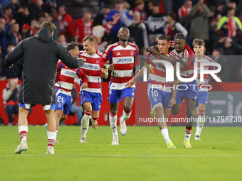 Myrto Uzuni of Granada CF scores the winning goal during the LaLiga Hypermotion match between Granada CF and CD Eldense at Nuevo Los Carmene...