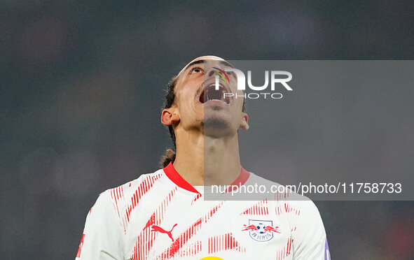 Yussuf Poulsen of Leipzig  gestures during the Bundesliga match between RB Leipzig and Borussia Mönchengladbach at Red Bull arena, Leipzig,...