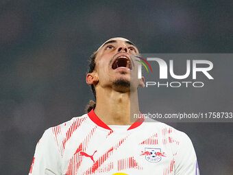 Yussuf Poulsen of Leipzig  gestures during the Bundesliga match between RB Leipzig and Borussia Mönchengladbach at Red Bull arena, Leipzig,...