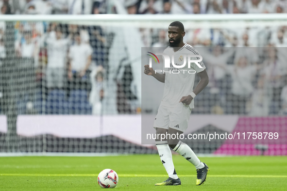 Antonio Rudiger centre-back of Real Madrid and Germany during the La Liga match between Real Madrid CF and CA Osasuna at Estadio Santiago Be...