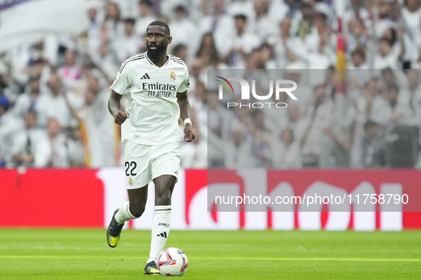 Antonio Rudiger centre-back of Real Madrid and Germany during the La Liga match between Real Madrid CF and CA Osasuna at Estadio Santiago Be...