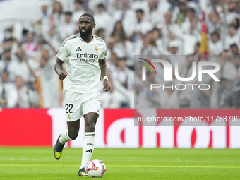 Antonio Rudiger centre-back of Real Madrid and Germany during the La Liga match between Real Madrid CF and CA Osasuna at Estadio Santiago Be...