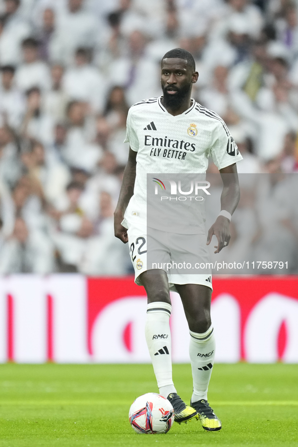 Antonio Rudiger centre-back of Real Madrid and Germany during the La Liga match between Real Madrid CF and CA Osasuna at Estadio Santiago Be...