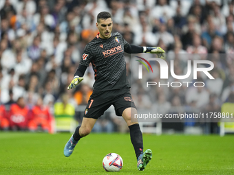 Sergio Herrera goalkeeper of Osasuna and Spain does passed during the La Liga match between Real Madrid CF and CA Osasuna at Estadio Santiag...