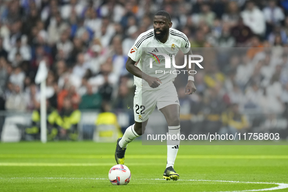 Antonio Rudiger centre-back of Real Madrid and Germany during the La Liga match between Real Madrid CF and CA Osasuna at Estadio Santiago Be...