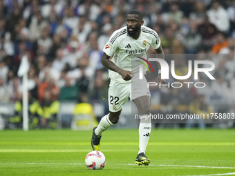 Antonio Rudiger centre-back of Real Madrid and Germany during the La Liga match between Real Madrid CF and CA Osasuna at Estadio Santiago Be...