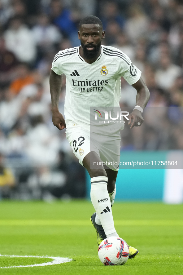 Antonio Rudiger centre-back of Real Madrid and Germany during the La Liga match between Real Madrid CF and CA Osasuna at Estadio Santiago Be...