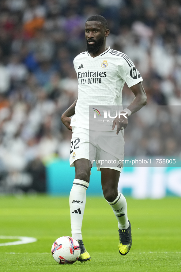 Antonio Rudiger centre-back of Real Madrid and Germany during the La Liga match between Real Madrid CF and CA Osasuna at Estadio Santiago Be...