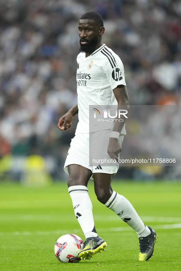 Antonio Rudiger centre-back of Real Madrid and Germany during the La Liga match between Real Madrid CF and CA Osasuna at Estadio Santiago Be...