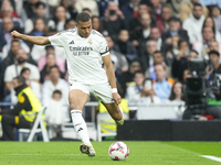 Kylian Mbappe centre-forward of Real Madrid and France shooting to goal during the La Liga match between Real Madrid CF and CA Osasuna at Es...