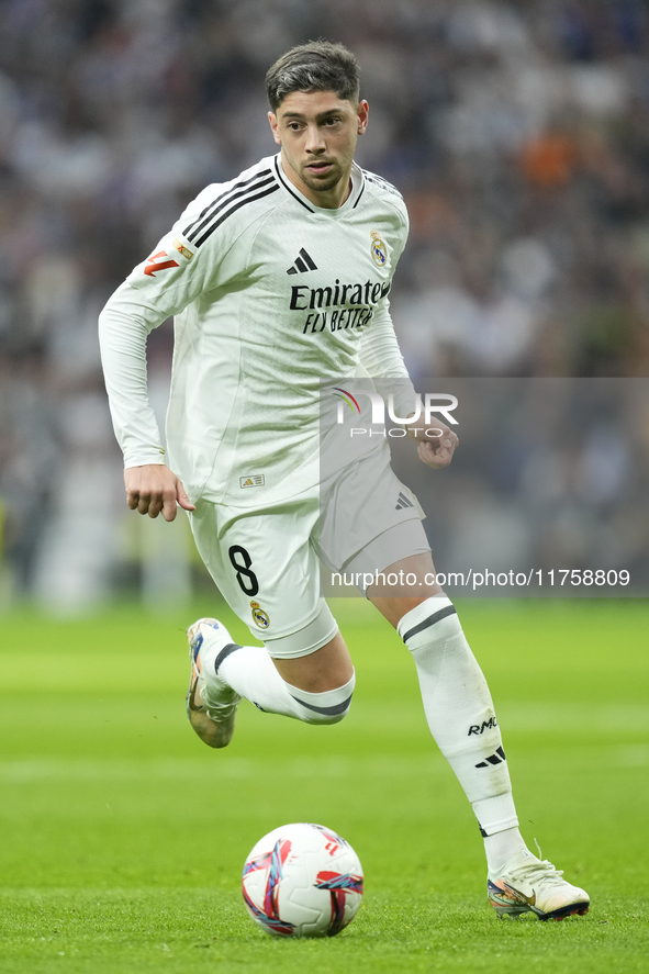 Federico Valverde central midfield of Real Madrid and Uruguay during the La Liga match between Real Madrid CF and CA Osasuna at Estadio Sant...