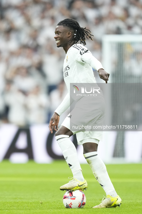 Eduardo Camavinga central midfield of Real Madrid and France controls the ball during the La Liga match between Real Madrid CF and CA Osasun...