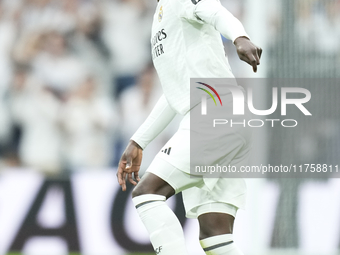 Eduardo Camavinga central midfield of Real Madrid and France controls the ball during the La Liga match between Real Madrid CF and CA Osasun...