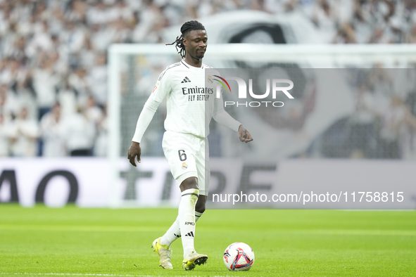 Eduardo Camavinga central midfield of Real Madrid and France controls the ball during the La Liga match between Real Madrid CF and CA Osasun...