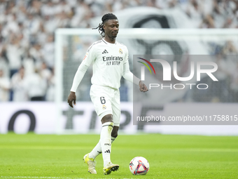 Eduardo Camavinga central midfield of Real Madrid and France controls the ball during the La Liga match between Real Madrid CF and CA Osasun...