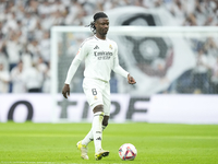 Eduardo Camavinga central midfield of Real Madrid and France controls the ball during the La Liga match between Real Madrid CF and CA Osasun...