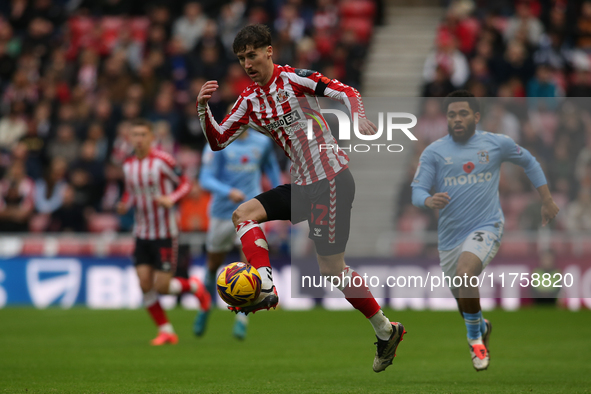 Sunderland's Trai Hume takes a ball under control during the Sky Bet Championship match between Sunderland and Coventry City at the Stadium...