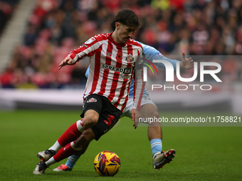 Sunderland's Trai Hume turns a defender during the Sky Bet Championship match between Sunderland and Coventry City at the Stadium Of Light i...