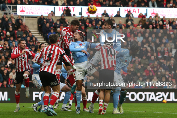 Chris Mepham of Sunderland heads a ball away during the Sky Bet Championship match between Sunderland and Coventry City at the Stadium Of Li...