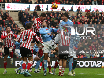 Chris Mepham of Sunderland heads a ball away during the Sky Bet Championship match between Sunderland and Coventry City at the Stadium Of Li...