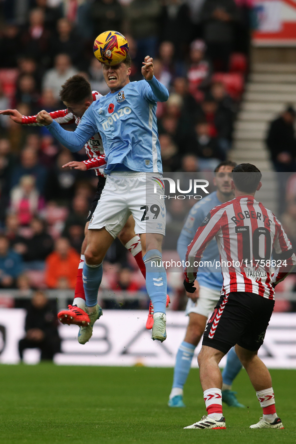 Victor Torp of Coventry City wins a header during the Sky Bet Championship match between Sunderland and Coventry City at the Stadium Of Ligh...