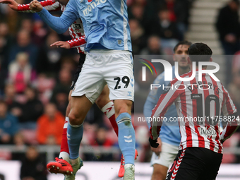 Victor Torp of Coventry City wins a header during the Sky Bet Championship match between Sunderland and Coventry City at the Stadium Of Ligh...