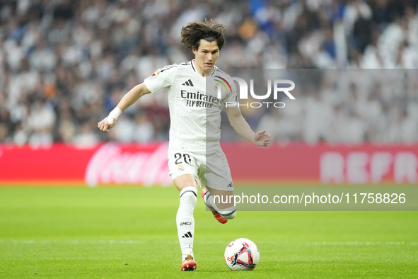 Fran Garcia left-back of Real Madrid and Spain during the La Liga match between Real Madrid CF and CA Osasuna at Estadio Santiago Bernabeu o...