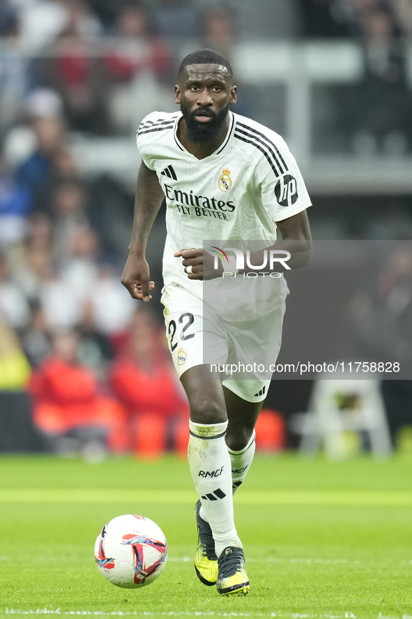 Antonio Rudiger centre-back of Real Madrid and Germany during the La Liga match between Real Madrid CF and CA Osasuna at Estadio Santiago Be...