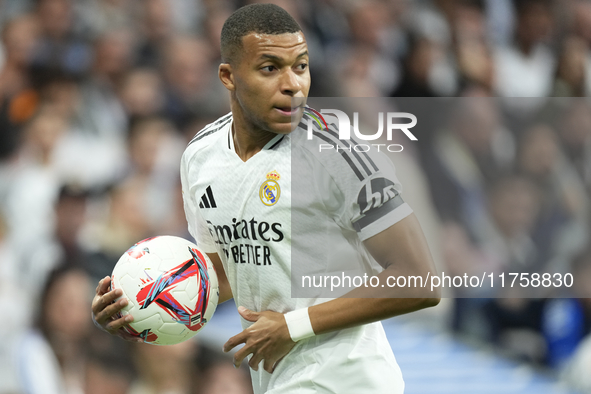 Kylian Mbappe centre-forward of Real Madrid and France during the La Liga match between Real Madrid CF and CA Osasuna at Estadio Santiago Be...