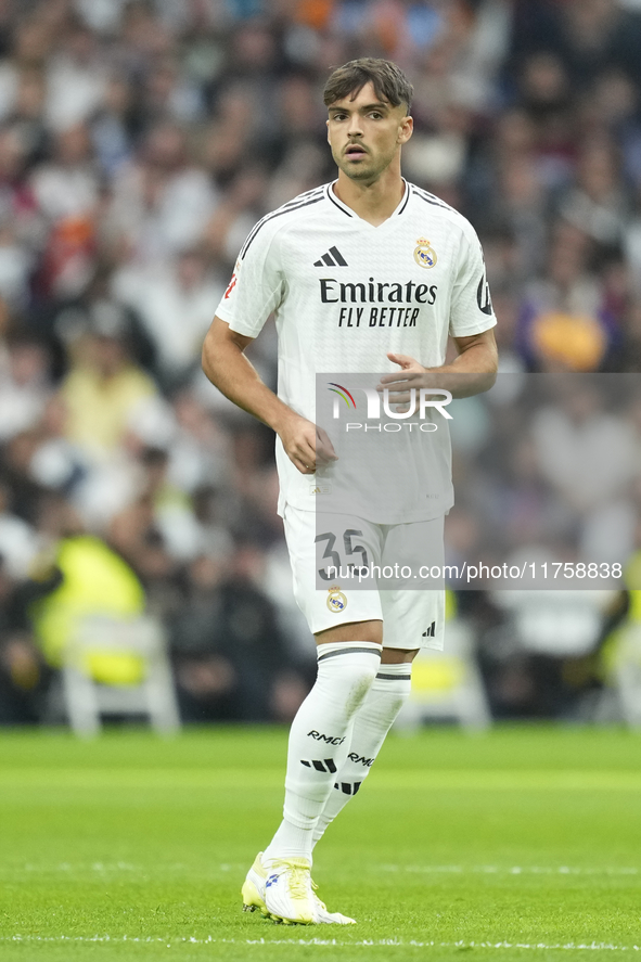 Raul Asencio centre-back of Real Madrid and Spain during the La Liga match between Real Madrid CF and CA Osasuna at Estadio Santiago Bernabe...